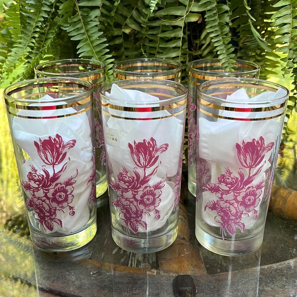 Vintage Viking USA Gold Trim Floral Ice Tea Glass Set of 6